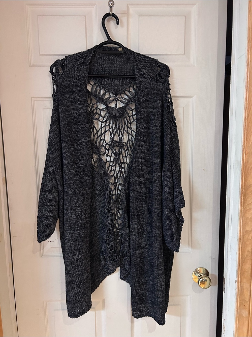 Dex Open Cardigan in Black and Grey with open crochet work back Size 3x